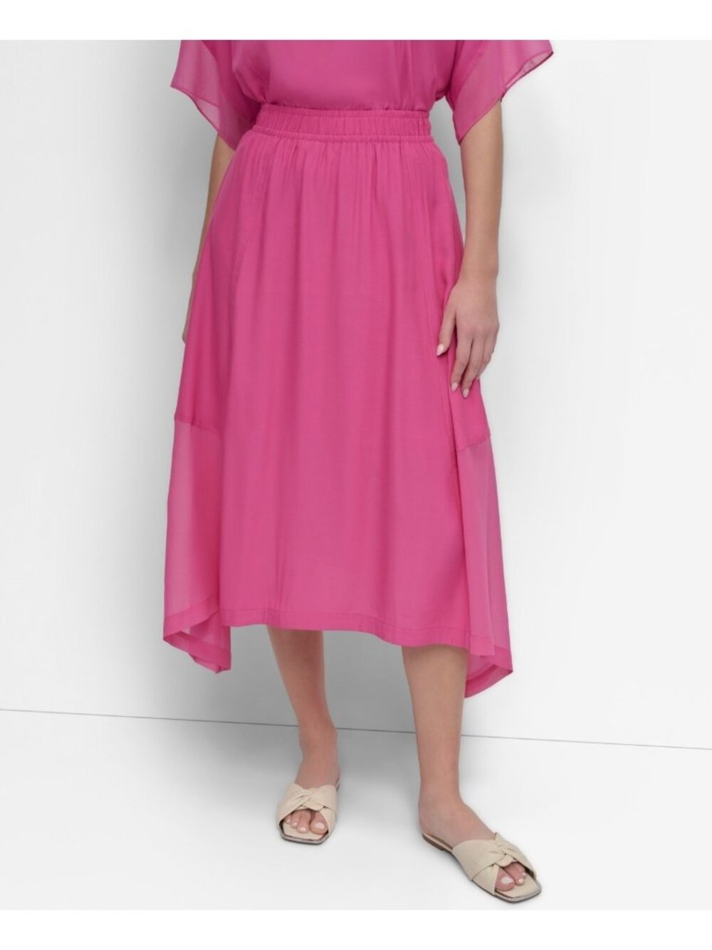 DKNY Women's Handkerchief Hem Mixed Media Pull on Skirt Pink Size XL $99 SALE